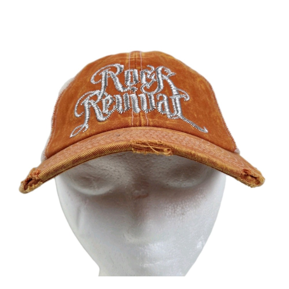 Vtg 90s Buckle Rock Revival Strapback Hat Baseball Cap Orange Distressed Mesh